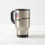 Volleyball Coach Custom Name Travel Mug<br><div class="desc">Your coach's name with a red,  white and blue volleyball spiked over a net.</div>