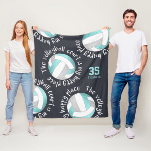 volleyball court happy place aqua grey on charcoal fleece blanket