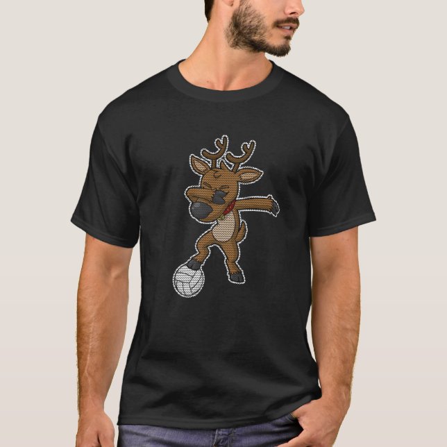 Volleyball Dabbing Reindeer Christmas Knit Pattern T-Shirt (Front)
