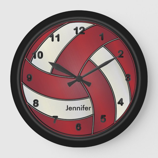 Volleyball | Dark Red and White Style Large Clock (Front)