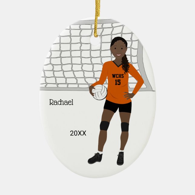 Volleyball Female Black Hair Orange & Black Ceramic Tree Decoration (Front)