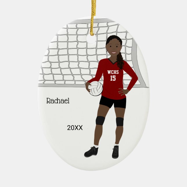 Volleyball Female Black Hair Red & Black Ceramic Tree Decoration (Front)