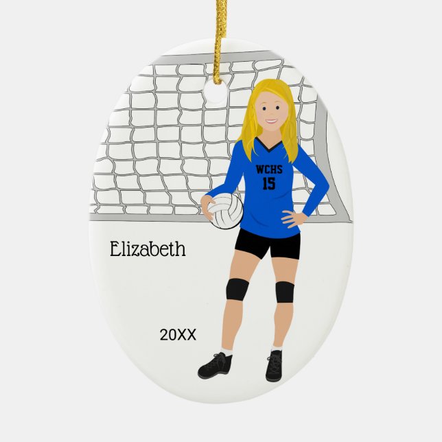 Volleyball Female Blond Blue & Black Ceramic Tree Decoration (Front)
