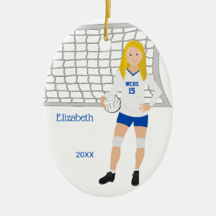 Volleyball Female Blonde Blue & White Ceramic Tree Decoration