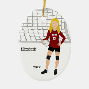 Volleyball Female Blonde Red & Black Ceramic Tree Decoration