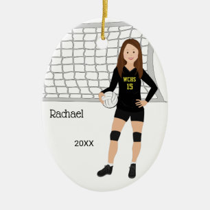 Volleyball Female Brown Hair In Black and Gold Ceramic Tree Decoration