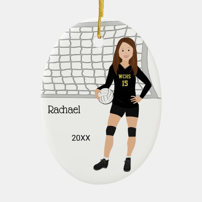 Volleyball Female Brown Hair In Black and Gold Ceramic Tree Decoration (Front)