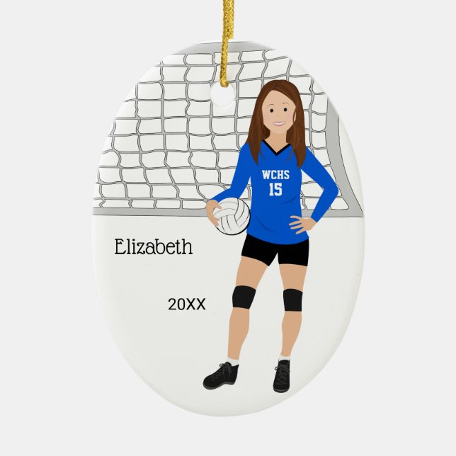 Volleyball Female Brunette Blue & Black Ceramic Tree Decoration (Front)
