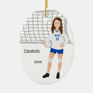 Volleyball Female Brunette Blue & White Ceramic Tree Decoration
