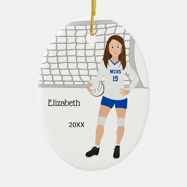 Volleyball Female Brunette Blue & White Ceramic Tree Decoration (Front)