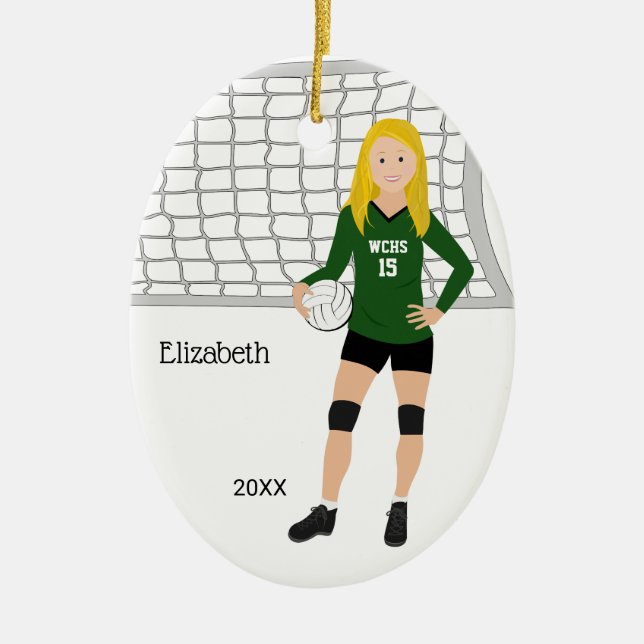Volleyball Female Brunette Green & Black Ceramic Tree Decoration (Front)