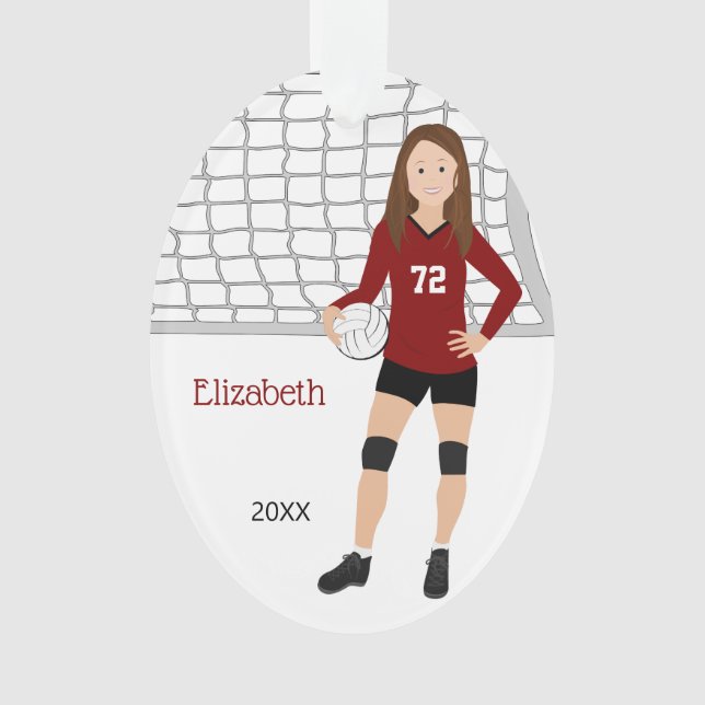 Volleyball Female Brunette in Red and Black Ornament (Front)