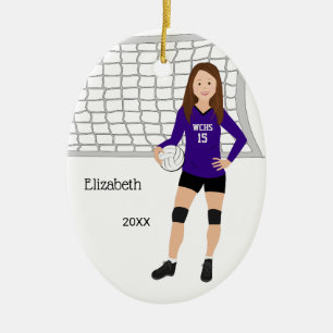 Volleyball Female Brunette Purple & Black Ceramic Tree Decoration