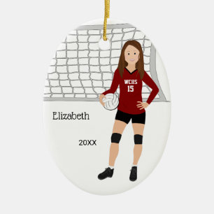 Volleyball Female Brunette Red & Black Ceramic Tree Decoration