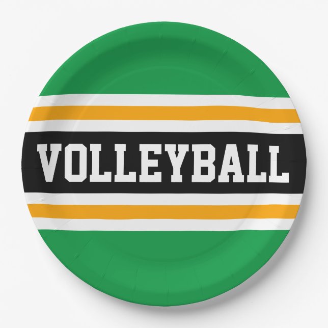 VOLLEYBALL Fun Bright Green Black Yellow Stripes  Paper Plate (Front)