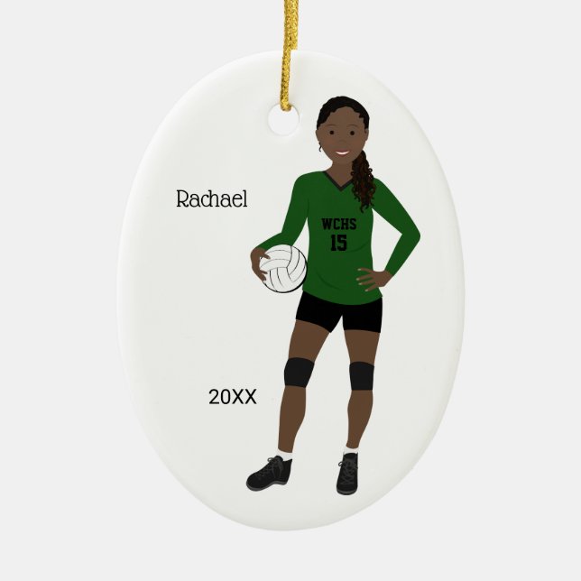 Volleyball Girl Black Hair Green & Black Ceramic Tree Decoration (Front)