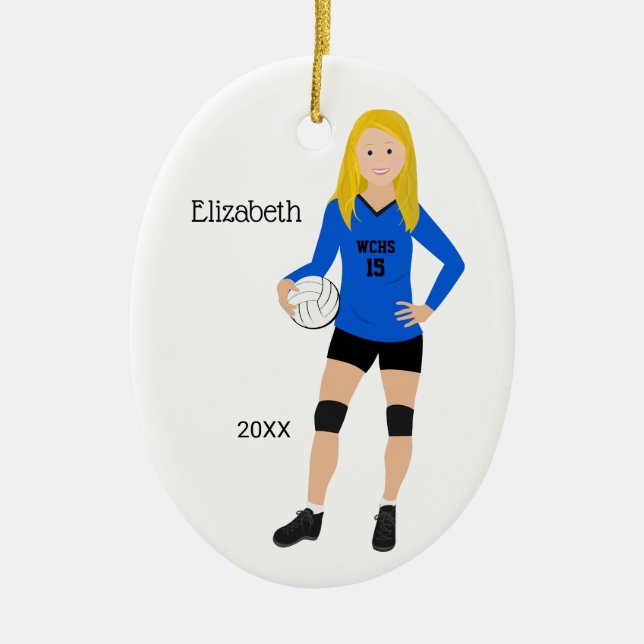 Volleyball Girl Blonde Blue & Black Ceramic Tree Decoration (Front)