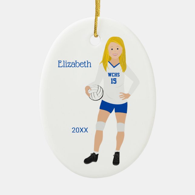 Volleyball Girl Blonde Blue & White Ceramic Tree Decoration (Front)