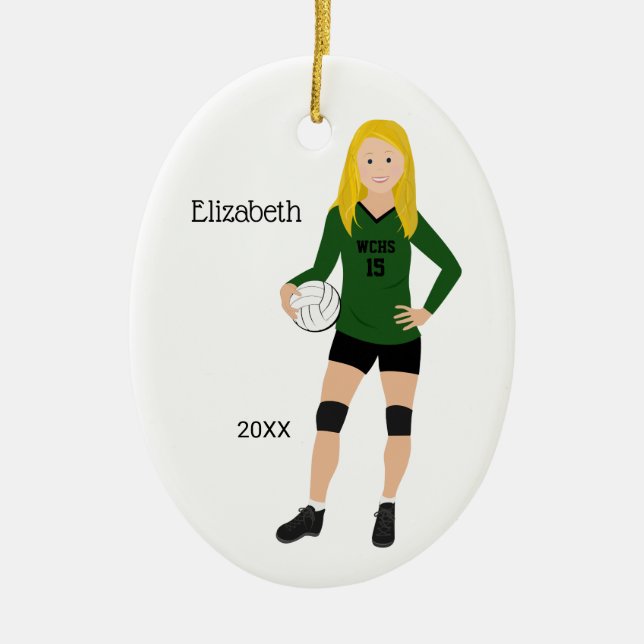 Volleyball Girl Blonde Green & Black Ceramic Tree Decoration (Front)