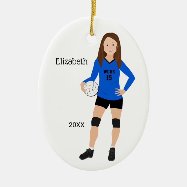 Volleyball Girl Brunette Blue & Black Ceramic Tree Decoration (Front)