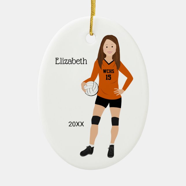 Volleyball Girl Brunette Orange & Black Ceramic Tree Decoration (Front)