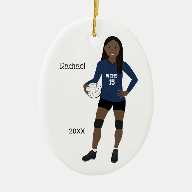 Volleyball Girl Long Black Hair Dark Blue & Black Ceramic Tree Decoration (Front)