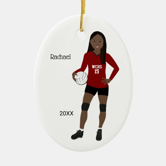 Volleyball Girl Long Black Hair Red & Black Ceramic Tree Decoration (Front)