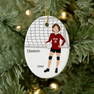 Volleyball Girl with Short Brown Hair Red & Black  Ceramic Tree Decoration