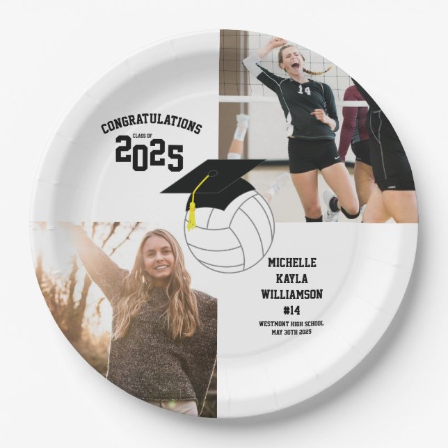 Volleyball Graduation Sports Black White Paper Plate (Front)