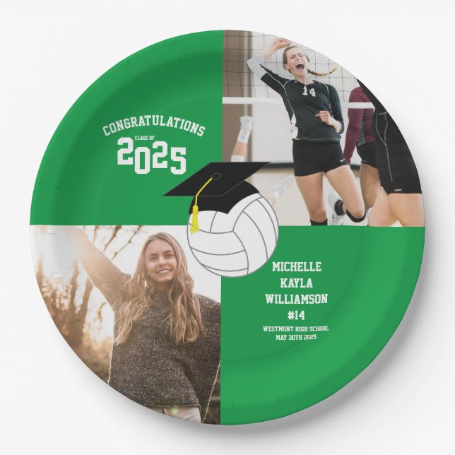 Volleyball Graduation Sports Green Paper Plate (Front)