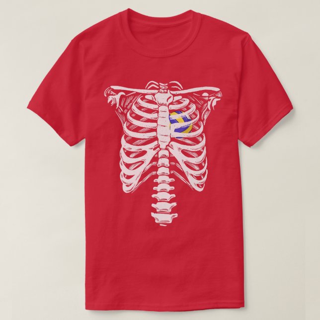 Volleyball Heart Skeleton Ribcage Halloween Love V T-Shirt (Design Front)