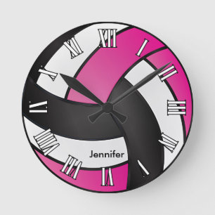 Volleyball   Hot Pink, Black and White Style Round Clock