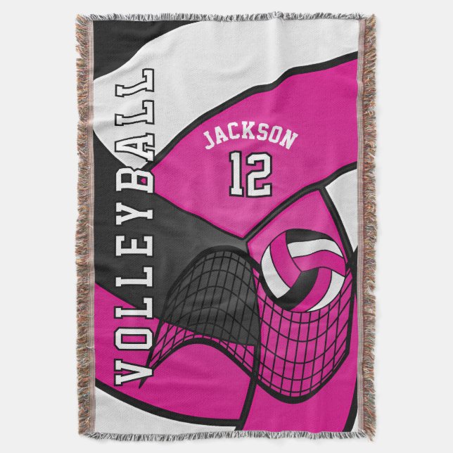 Volleyball 🏐 in a Hot Pink, White and Black Throw Blanket (Front Vertical)
