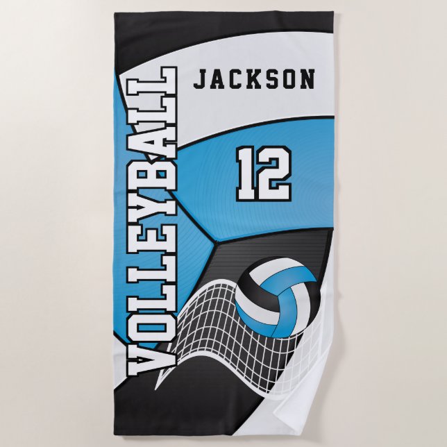 Volleyball in Blue, Black and White Beach Towel (Front)
