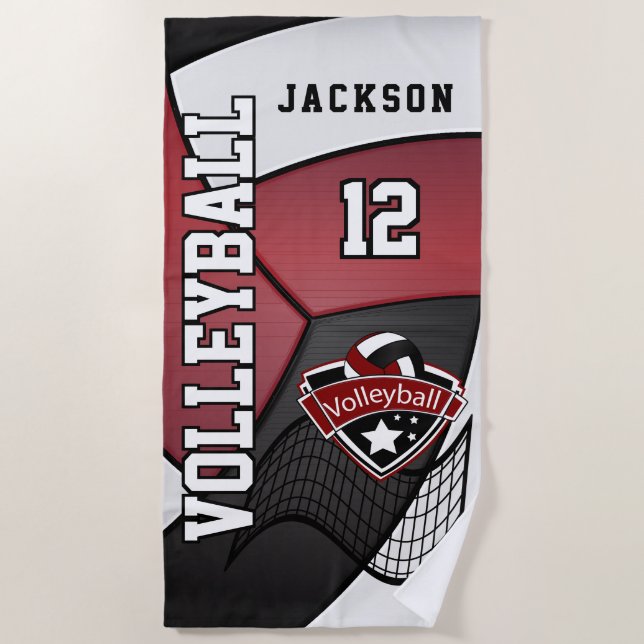 Volleyball in Dark Red, Black and White Beach Towel (Front)