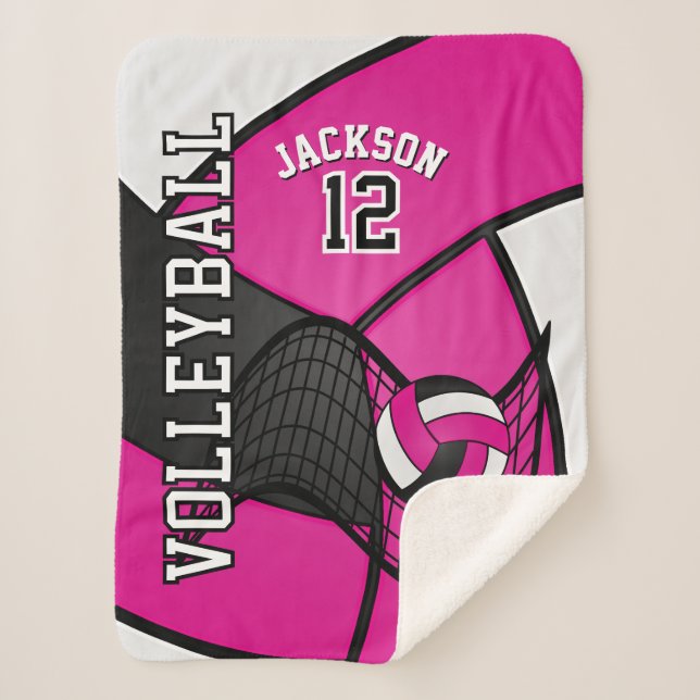Volleyball in Hot Pink, Black and White Sherpa Blanket (Front)