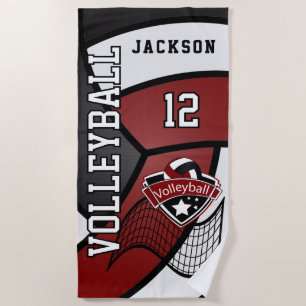 Volleyball in Maroon Red, Black and White Beach Towel