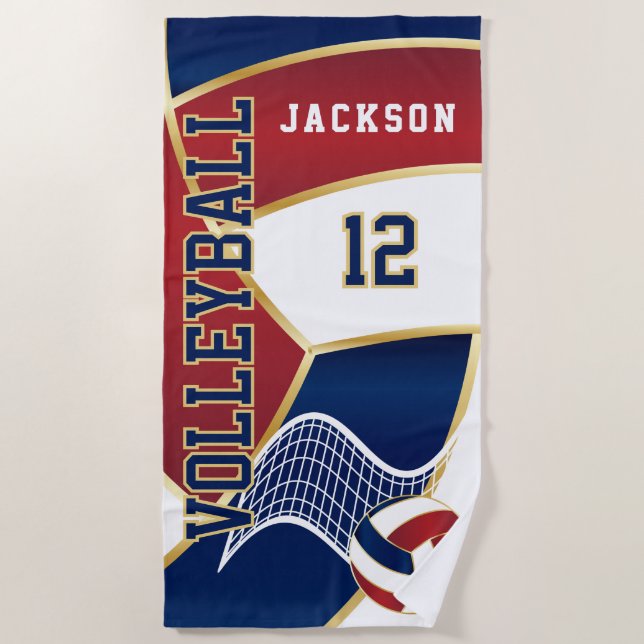 Volleyball in Navy, Red and White Beach Towel (Front)