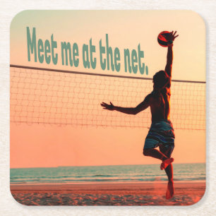 Volleyball Meet me At The Net Square Paper Coaster