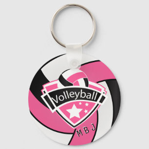 Volleyball -  Monogram  - Pink, White & Black Key Ring