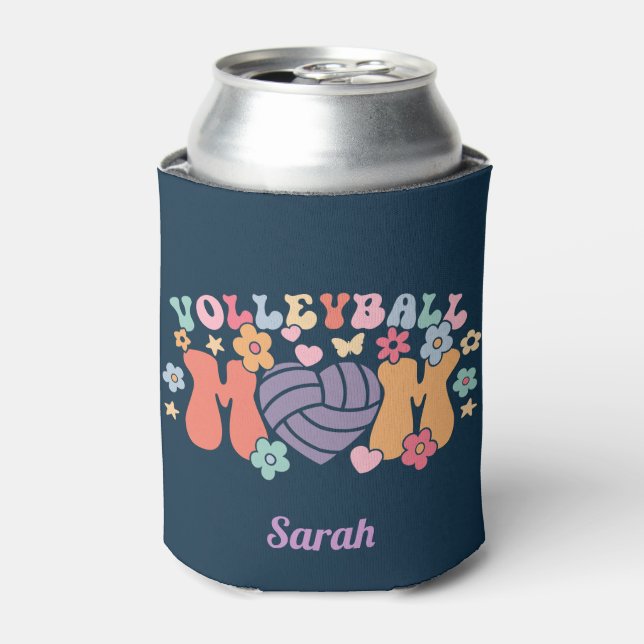 Volleyball Mum Ball Heart Floral Retro Can Cooler (Can Front)