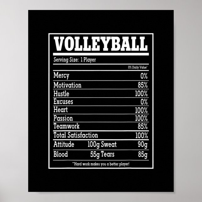 Volleyball Nutrition Facts Women Men Player  Poster (Front)