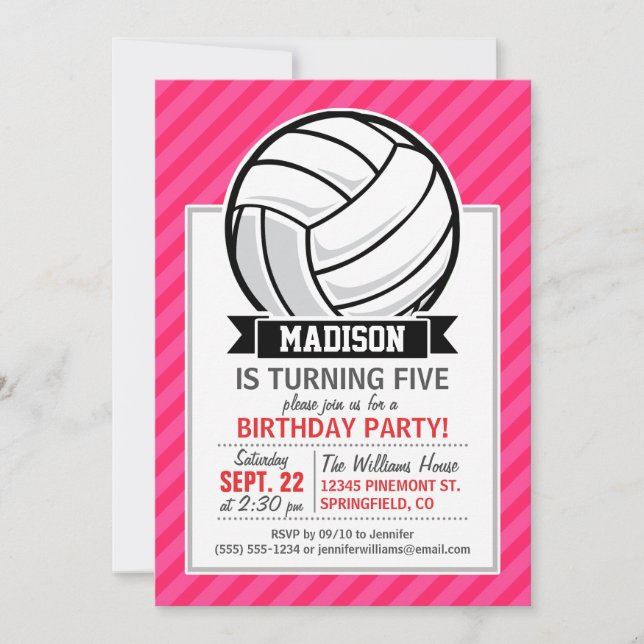 Volleyball on Neon Pink Stripes Invitation (Front)