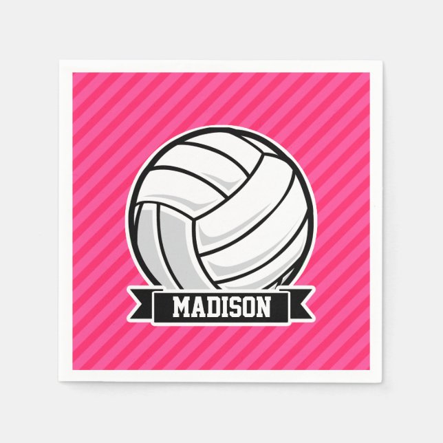 Volleyball on Neon Pink Stripes Napkin (Front)