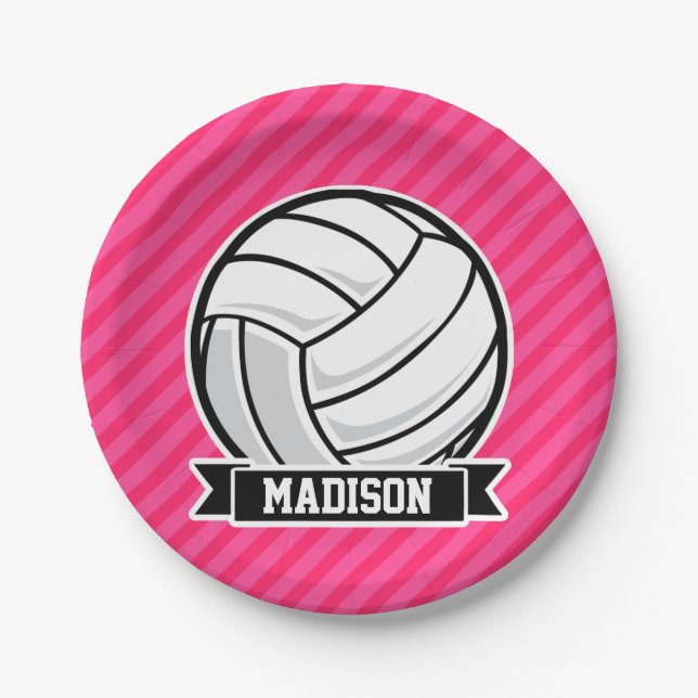 Volleyball on Neon Pink Stripes Paper Plate (Front)