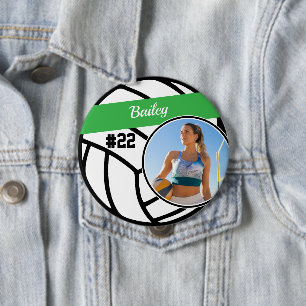 Volleyball Pin Name & Number Green Photo Button