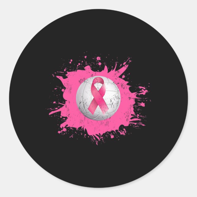 Volleyball Pink Ribbon Breast Cancer Awareness  Classic Round Sticker (Front)