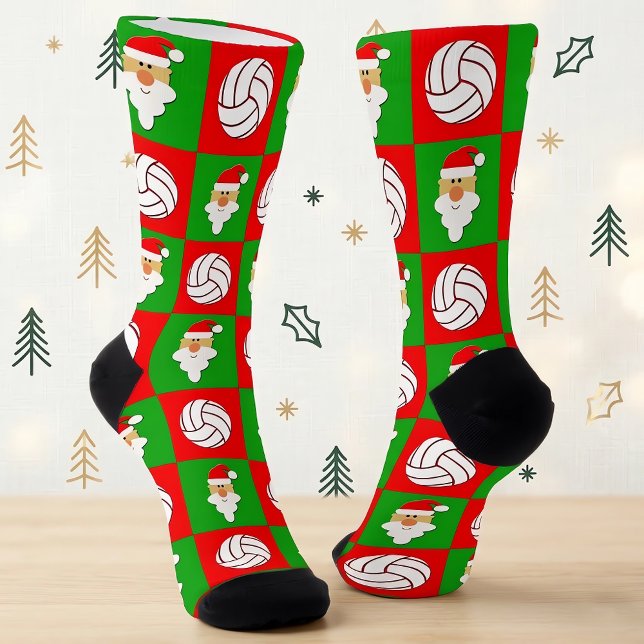 Volleyball Player Santa Christmas Pattern Holiday Socks (Cute Christmas socks for volleyball players, coaches, teams and fans.)