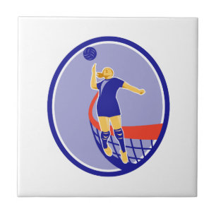 Volleyball Player Spiking Ball Oval Retro Tile