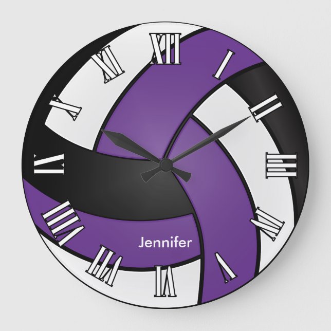 Volleyball | Purple, Black and White Style Large Clock (Front)